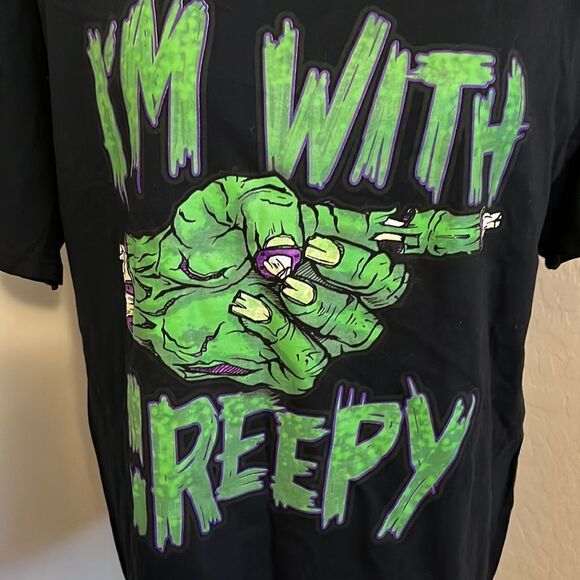 Happy Halloween Glow In The Dark I’m With Creepy Black Graphic Shirt - Picture 4 of 9